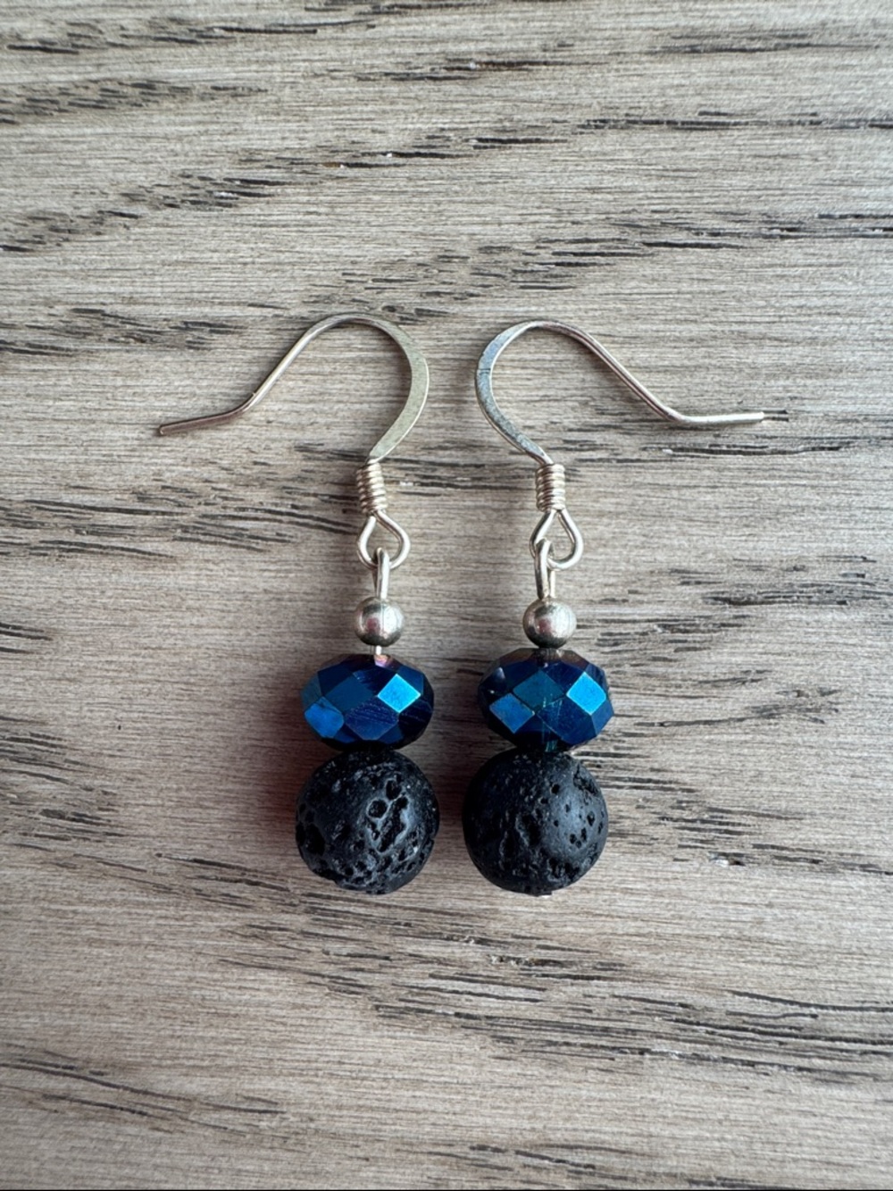 Aromatherapy Sparkly Blue and Black Lava Bead Drop Earrings